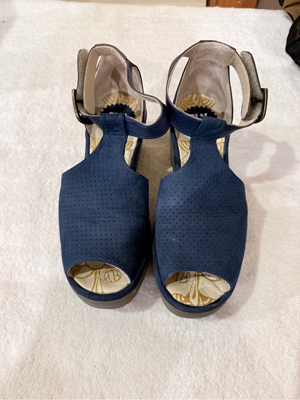 Fly London Navy Suede Peep-Toe T-Strap Sandals